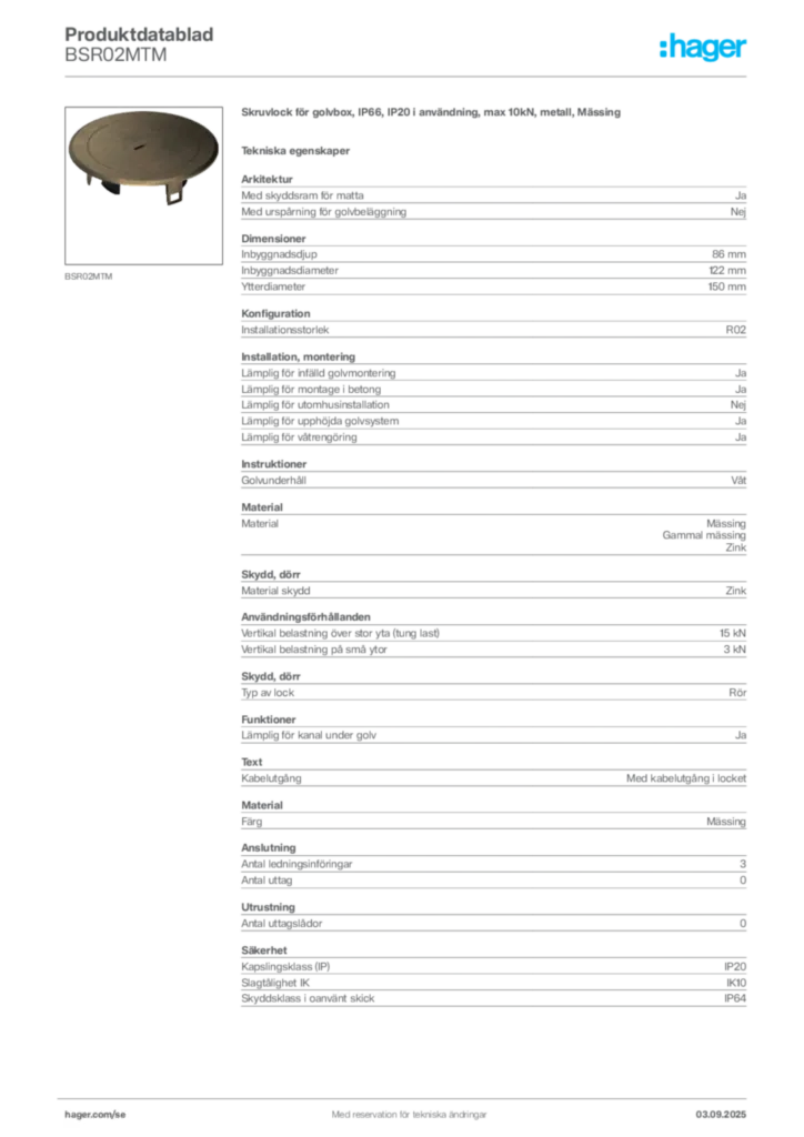 Bild Hager Produktdatablad BSR02MTM | Hager Sverige