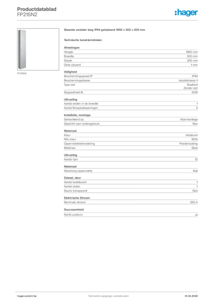 Afbeelding Hager Productdatablad FP21SN2 | Hager Belgium