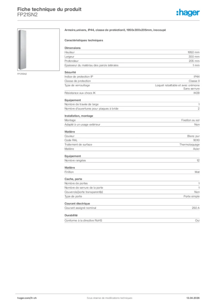 Image Hager Fiche technique du produit FP21SN2 | Hager Suisse