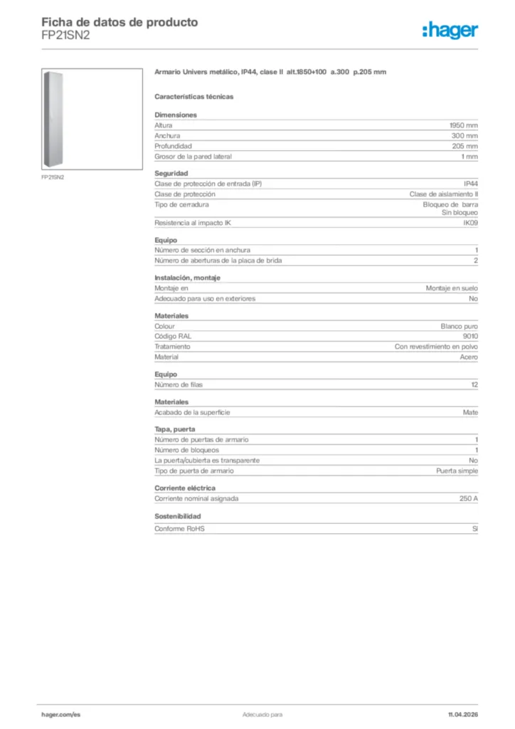 Imagen Hager Ficha de datos de producto FP21SN2 | Hager España