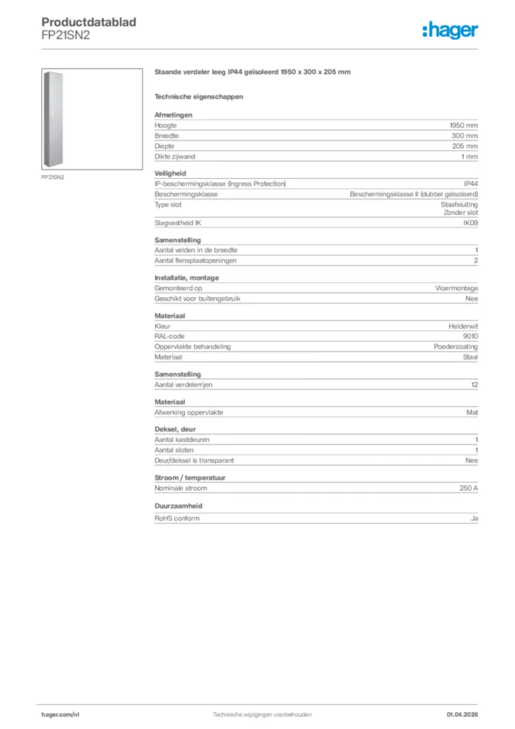 Afbeelding Hager Productdatablad FP21SN2 | Hager Nederland