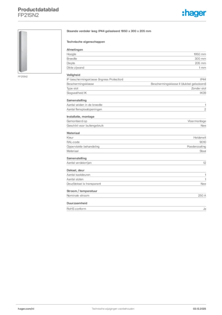 Afbeelding Hager Productdatablad FP21SN2 | Hager Nederland