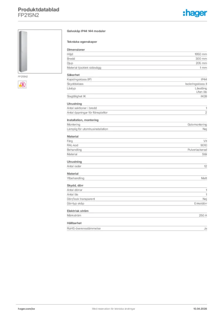 Bild Hager Produktdatablad FP21SN2 | Hager Sverige