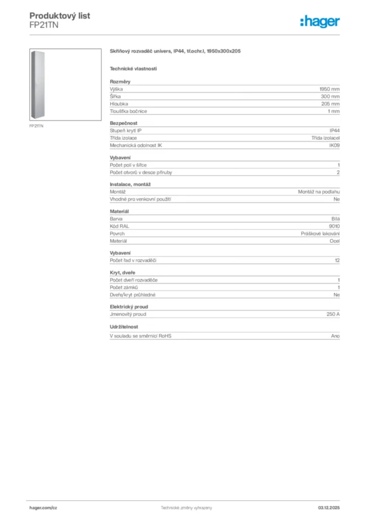 Obrázek Hager Product data sheet FP21TN | Hager