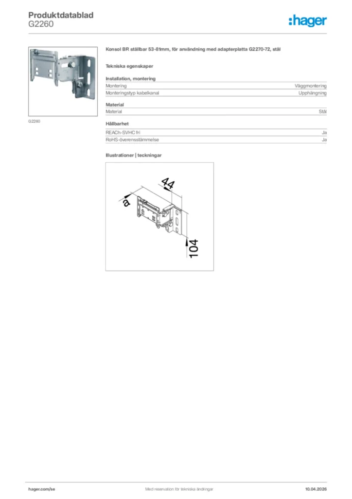 Bild Hager Produktdatablad G2260 | Hager Sverige