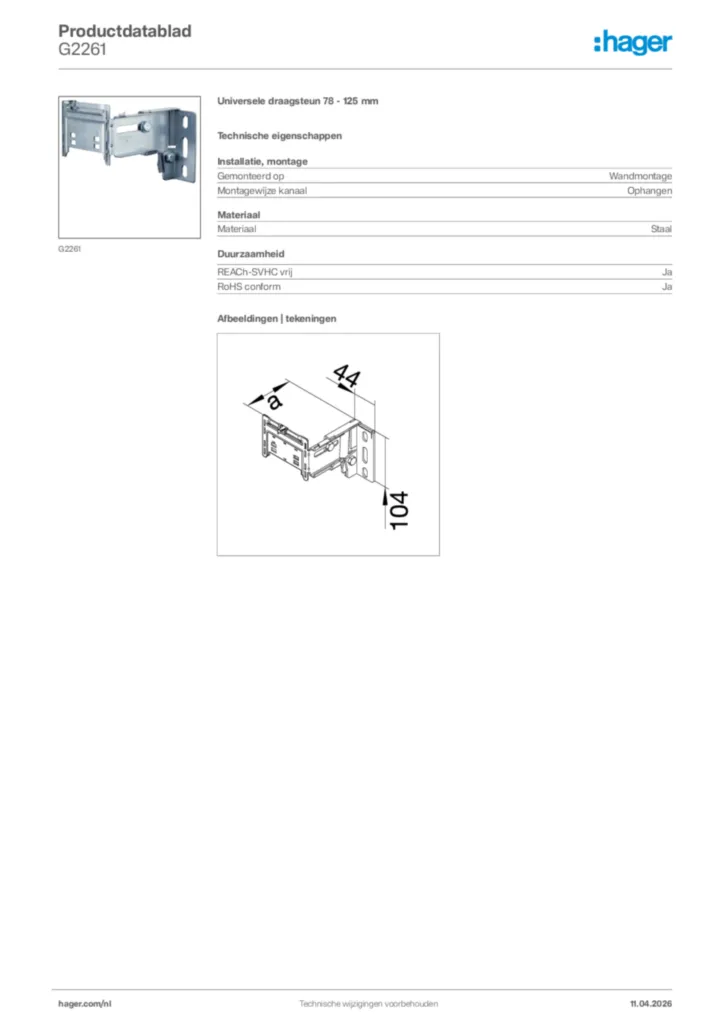 Afbeelding Hager Productdatablad G2261 | Hager Nederland