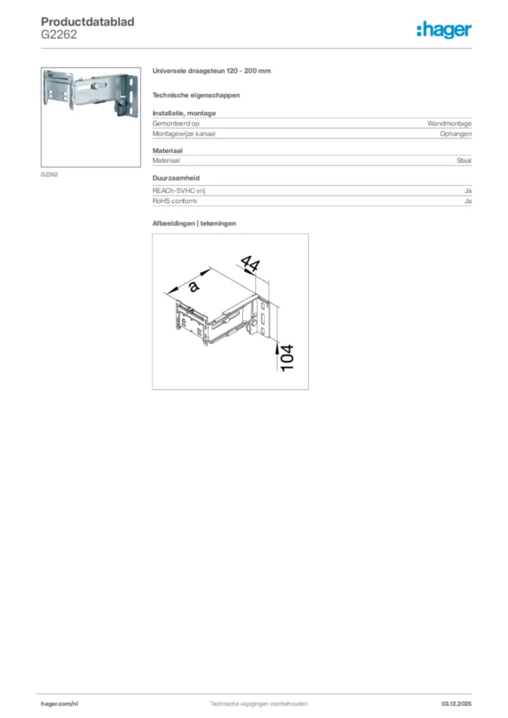 Afbeelding Hager Productdatablad G2262 | Hager Nederland
