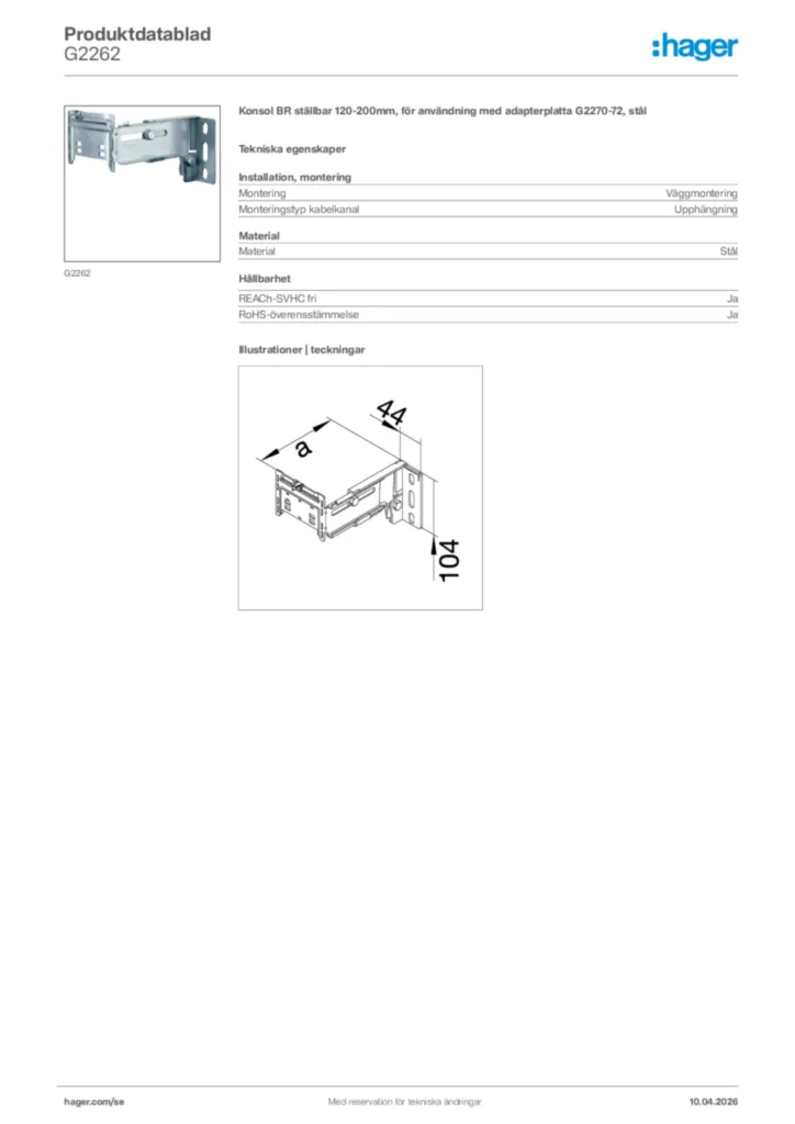 Bild Hager Produktdatablad G2262 | Hager Sverige