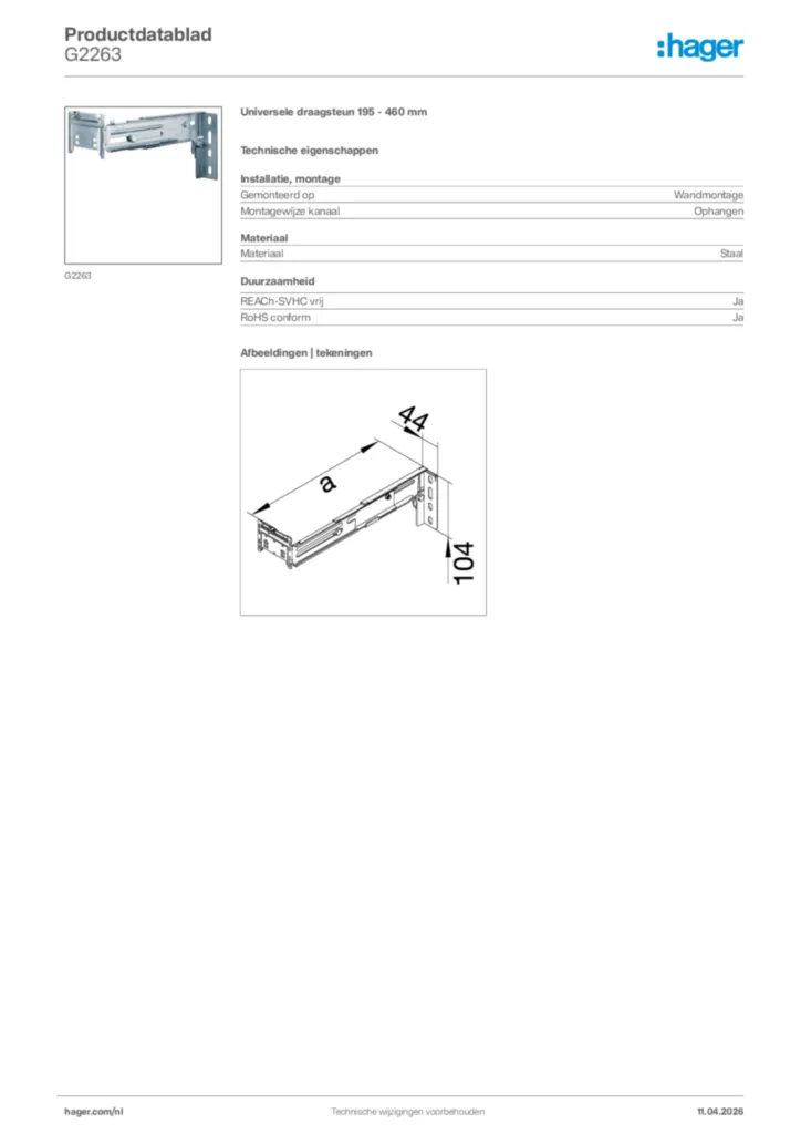 Afbeelding Hager Productdatablad G2263 | Hager Nederland