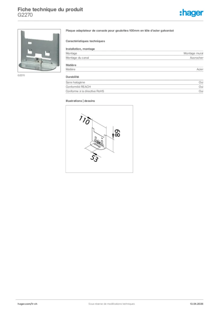 Image Hager Fiche technique du produit G2270 | Hager Suisse