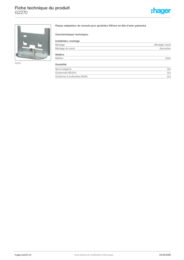 Image Hager Fiche technique du produit G2270 | Hager Suisse