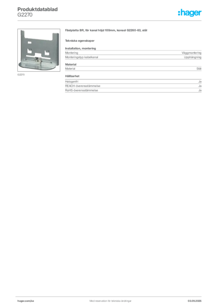 Bild Hager Produktdatablad G2270 | Hager Sverige