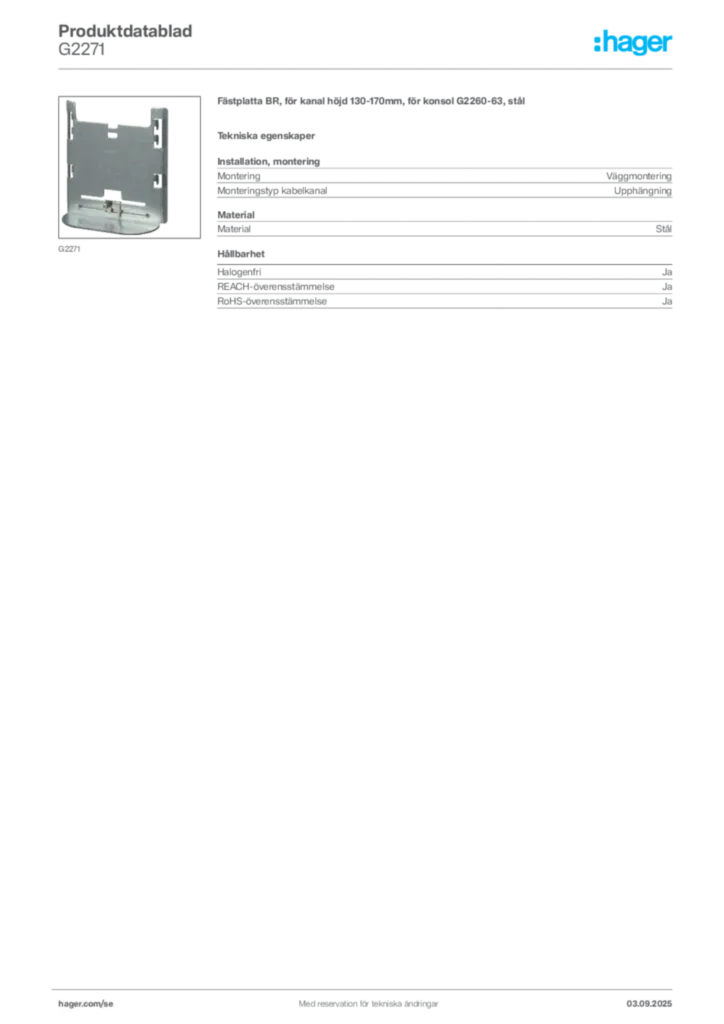 Bild Hager Produktdatablad G2271 | Hager Sverige