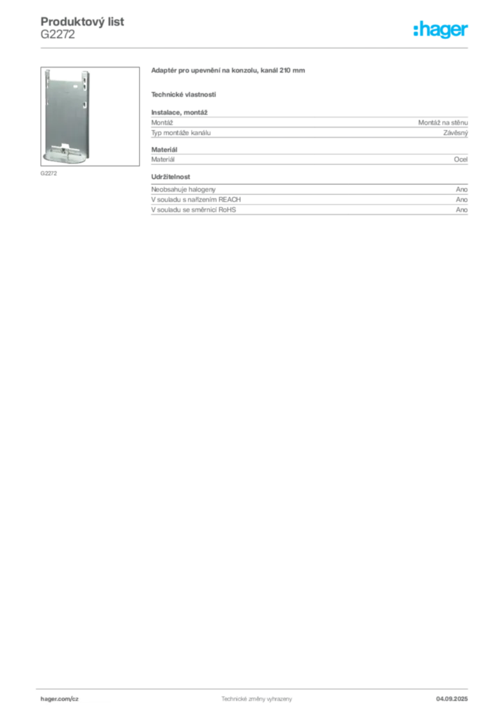 Obrázek Hager Produktový list G2272 | Hager