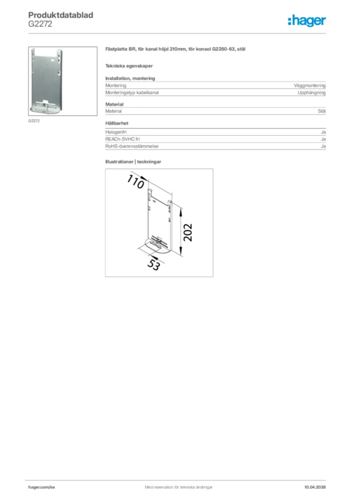 Bild Hager Produktdatablad G2272 | Hager Sverige