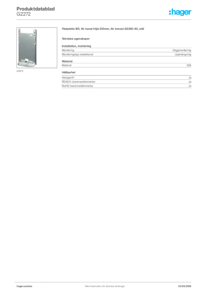 Bild Hager Produktdatablad G2272 | Hager Sverige