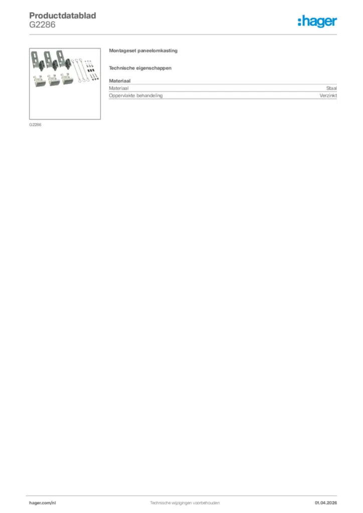 Afbeelding Hager Productdatablad G2286 | Hager Nederland