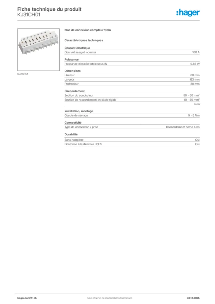 Image Hager Fiche technique du produit KJ31CH01 | Hager Suisse