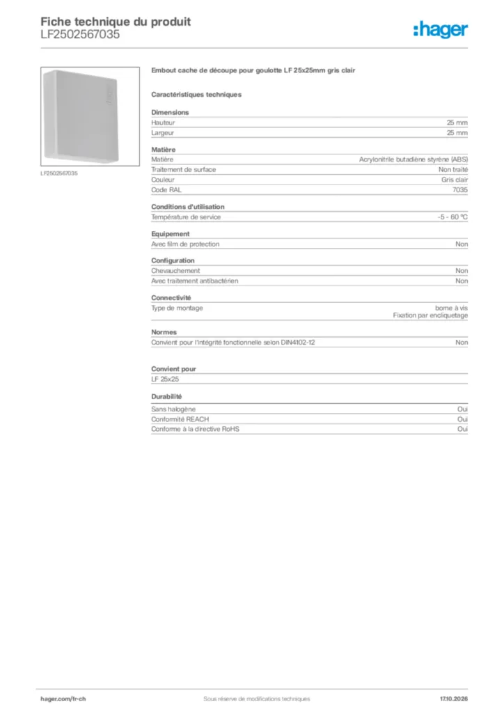 Image Hager Fiche technique du produit LF2502567035 | Hager Suisse