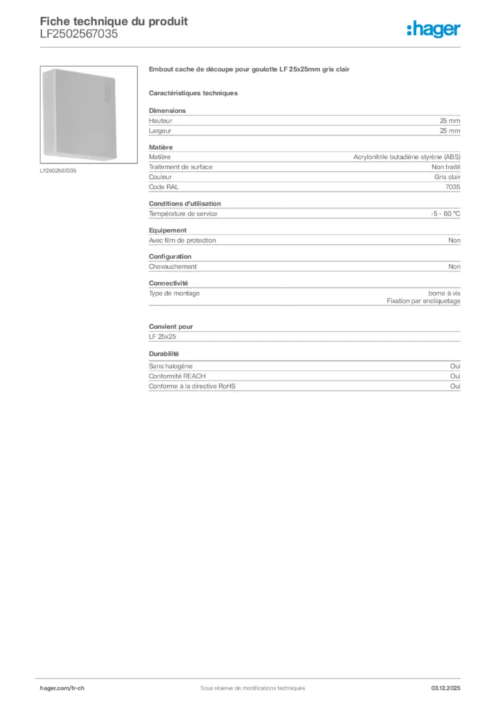 Image Hager Fiche technique du produit LF2502567035 | Hager Suisse