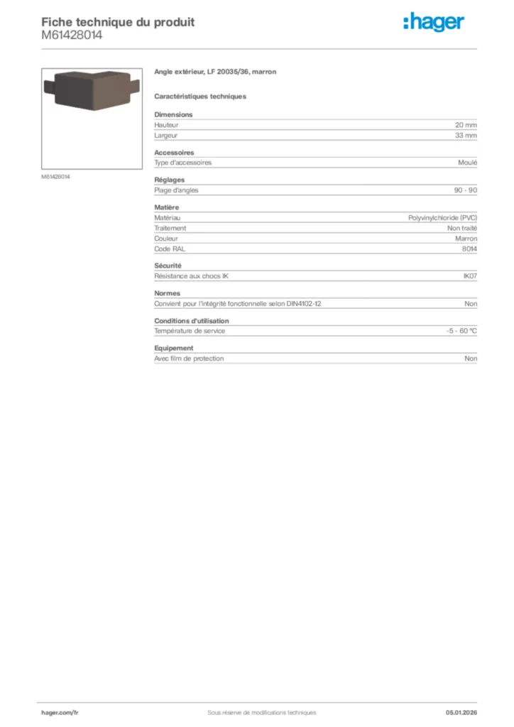 Image Hager Fiche technique du produit M61428014 | Hager France