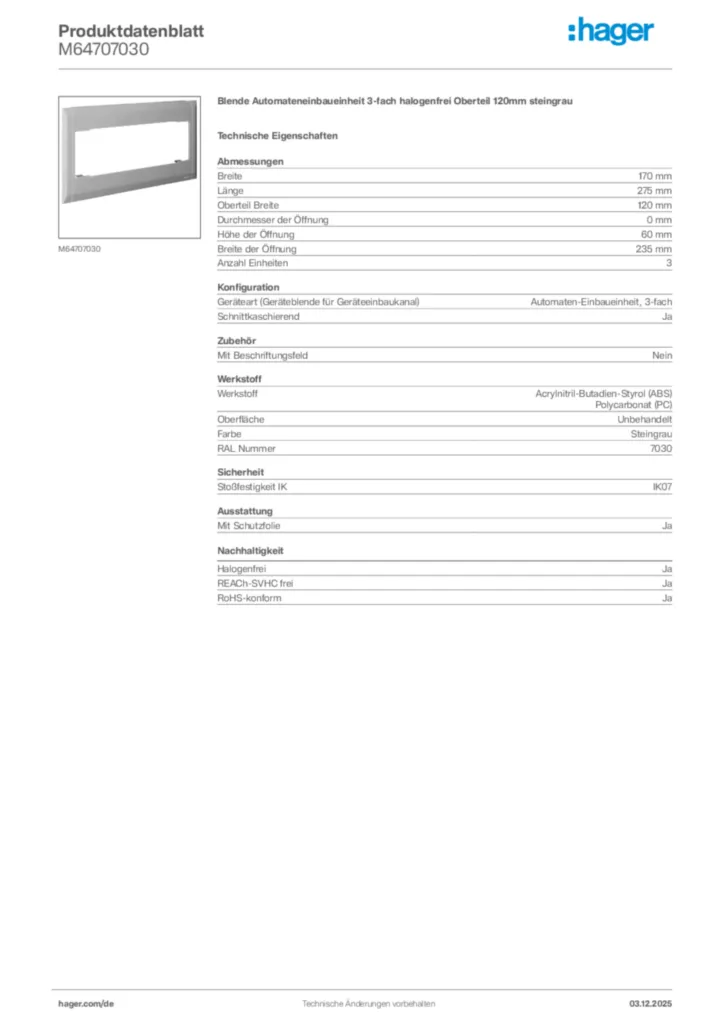 Bild Hager Produktdatenblatt M64707030 | Hager Deutschland