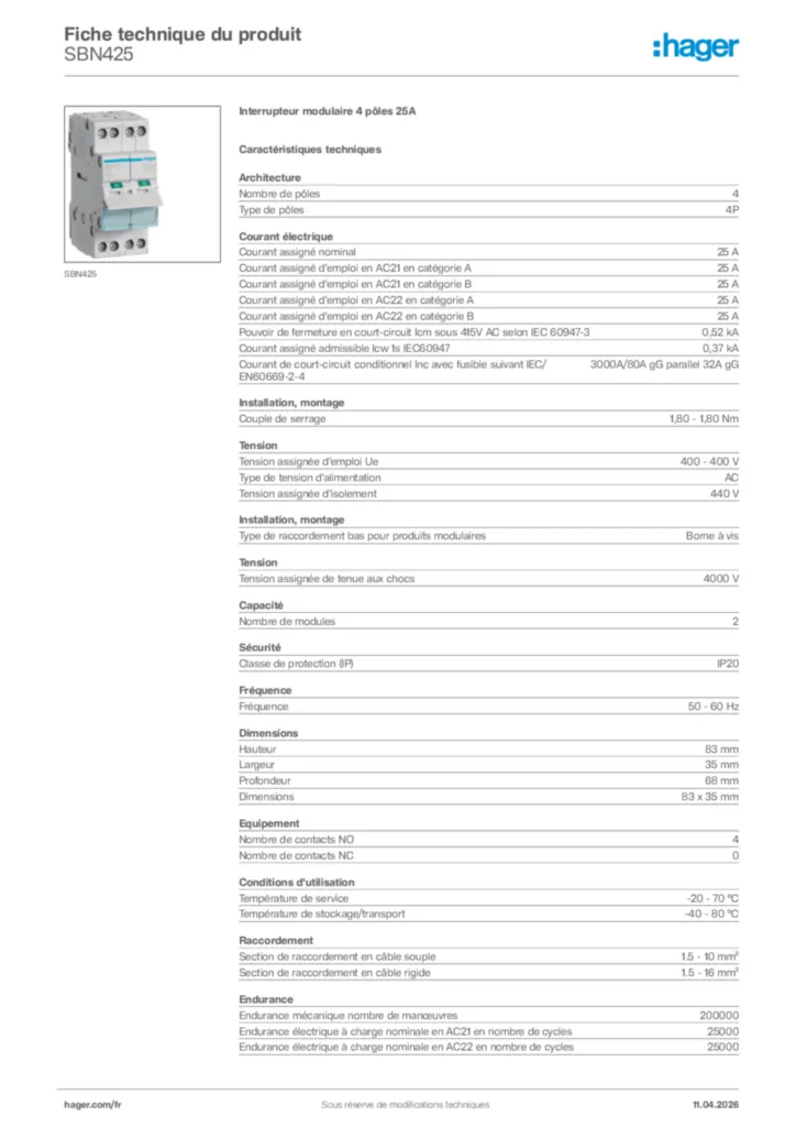 Image Hager Fiche technique du produit SBN425 | Hager France