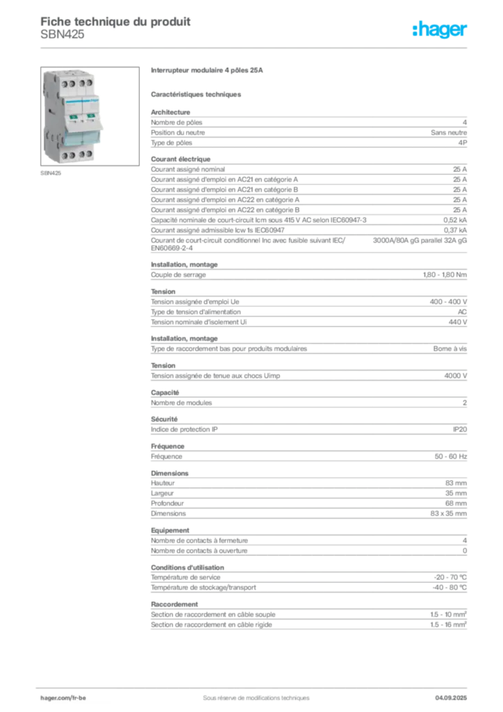 Image Hager Fiche technique du produit SBN425 | Hager Belgique
