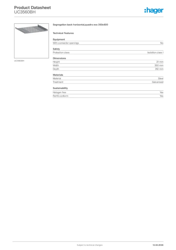 Image Hager Product data sheet UC3560BH  | Hager Africa