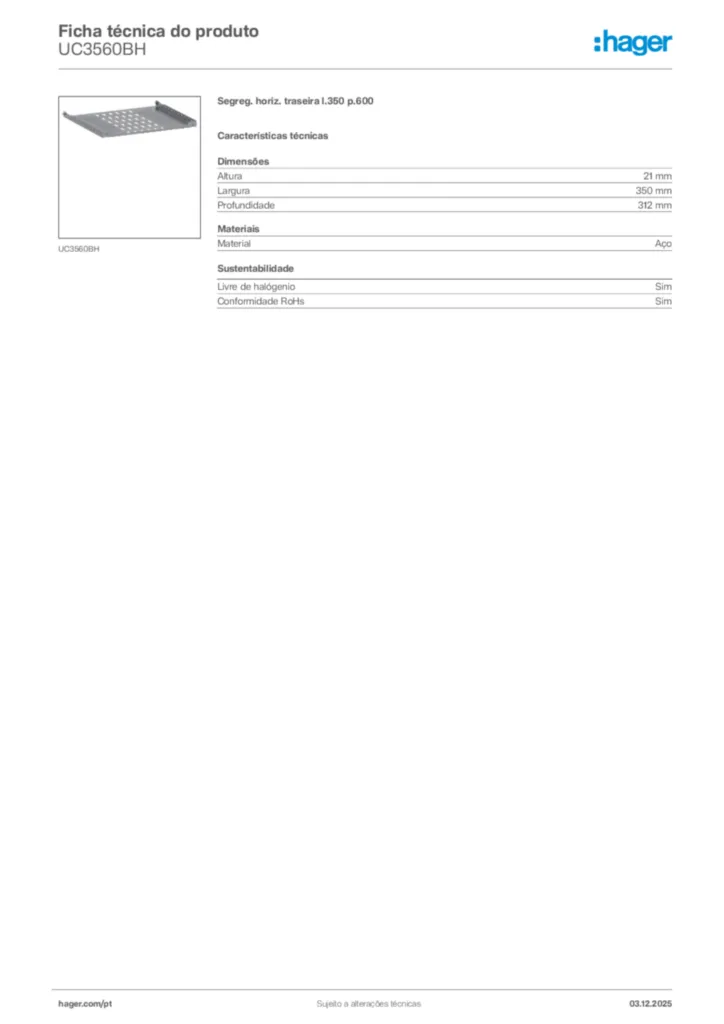 Imagem Hager Ficha técnica do produto UC3560BH | Hager Portugal