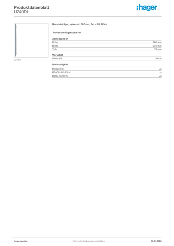 Bild Hager Produktdatenblatt UZ40D1 | Hager Deutschland