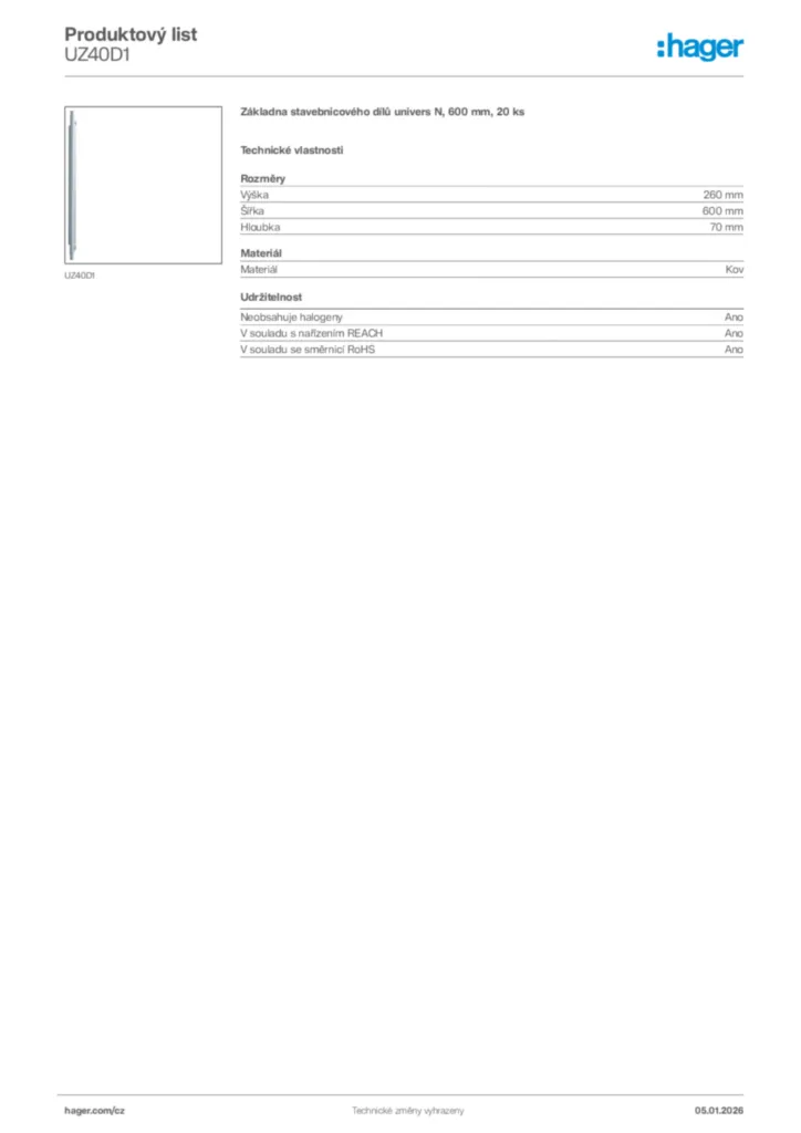 Obrázek Hager Product data sheet UZ40D1 | Hager