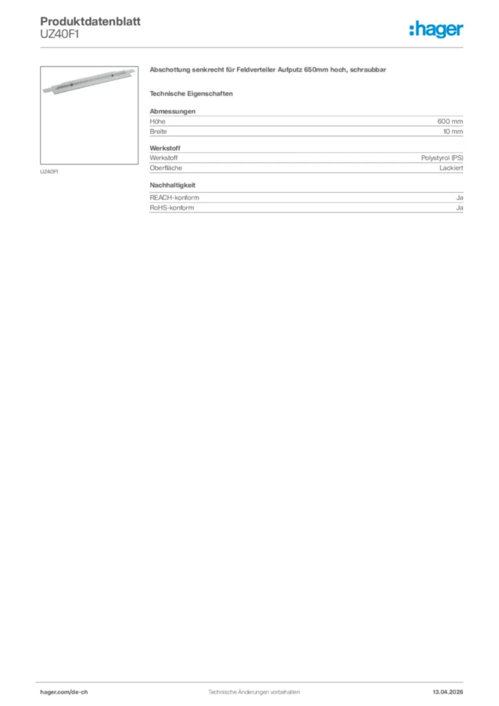 Bild Hager Produktdatenblatt UZ40F1 | Hager Schweiz