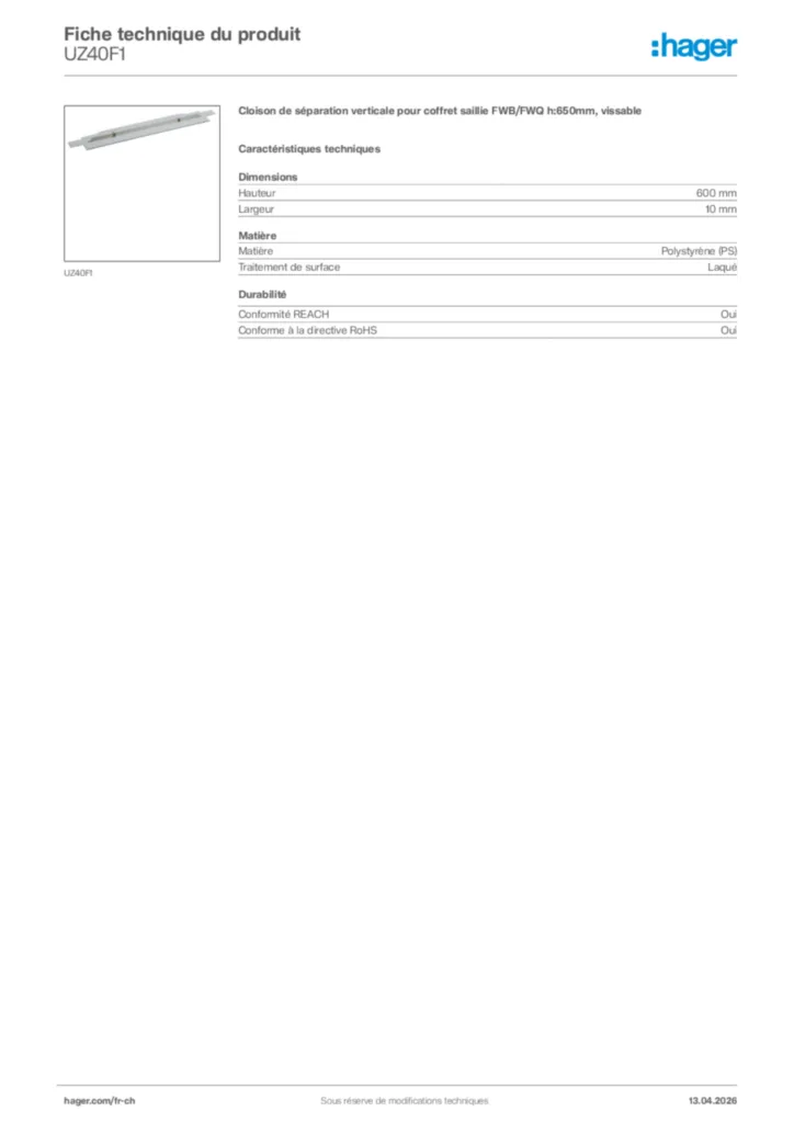 Image Hager Fiche technique du produit UZ40F1 | Hager Suisse
