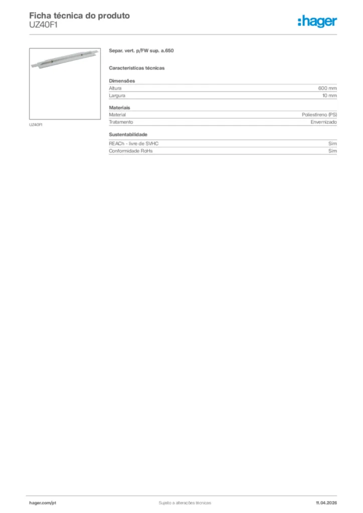 Imagem Hager Ficha técnica do produto UZ40F1 | Hager Portugal