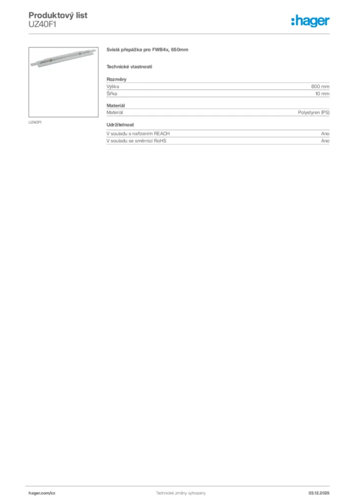 Obrázek Hager Product data sheet UZ40F1 | Hager
