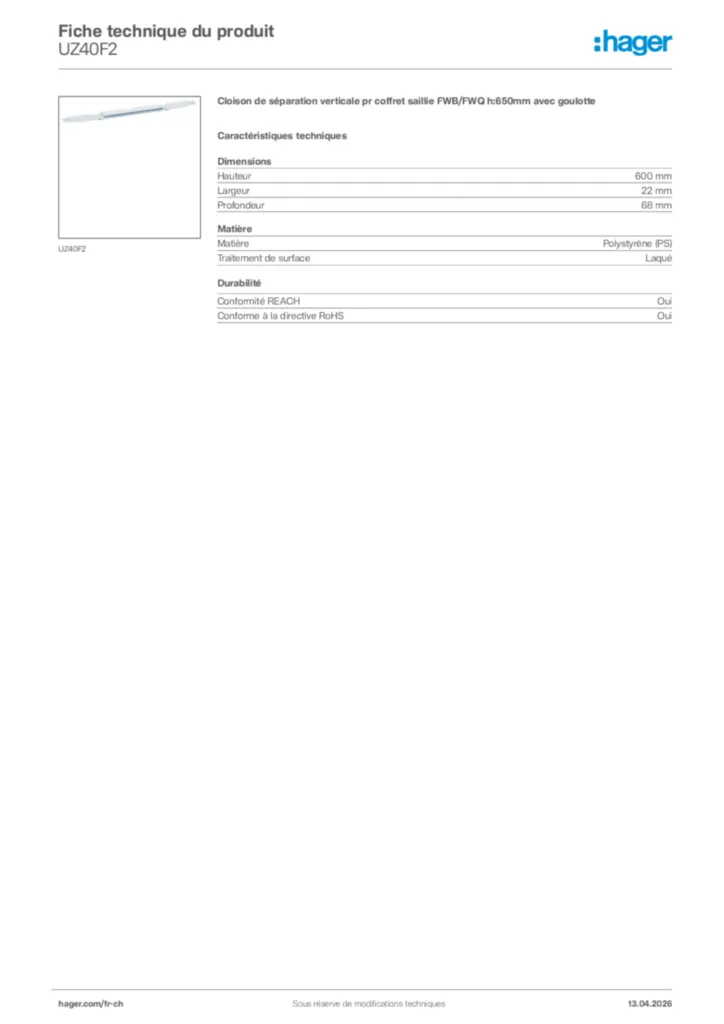 Image Hager Fiche technique du produit UZ40F2 | Hager Suisse