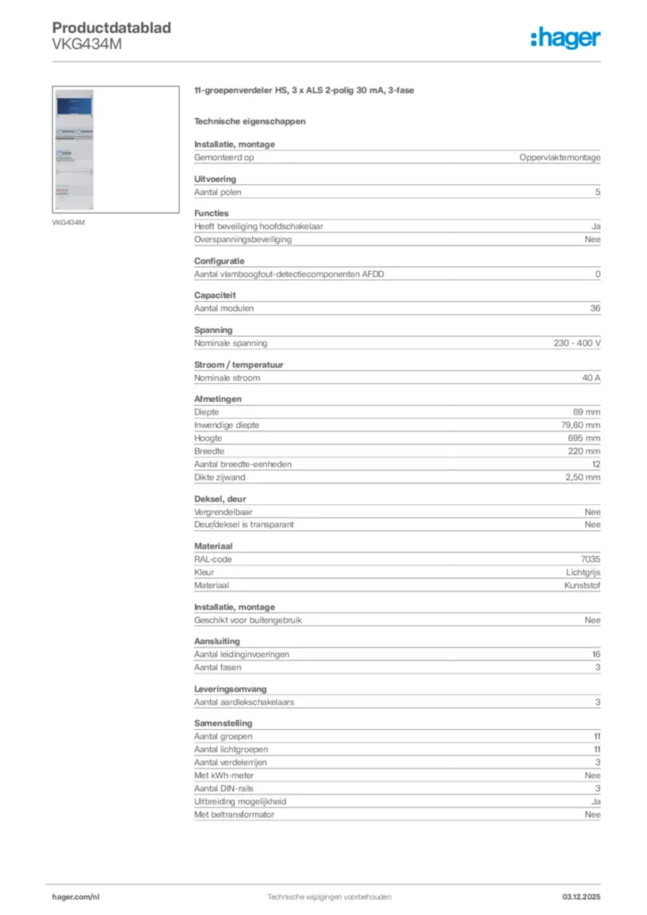 Afbeelding Hager Productdatablad VKG434M | Hager Nederland