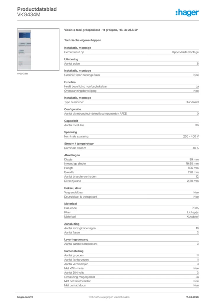Afbeelding Hager Productdatablad VKG434M | Hager Nederland