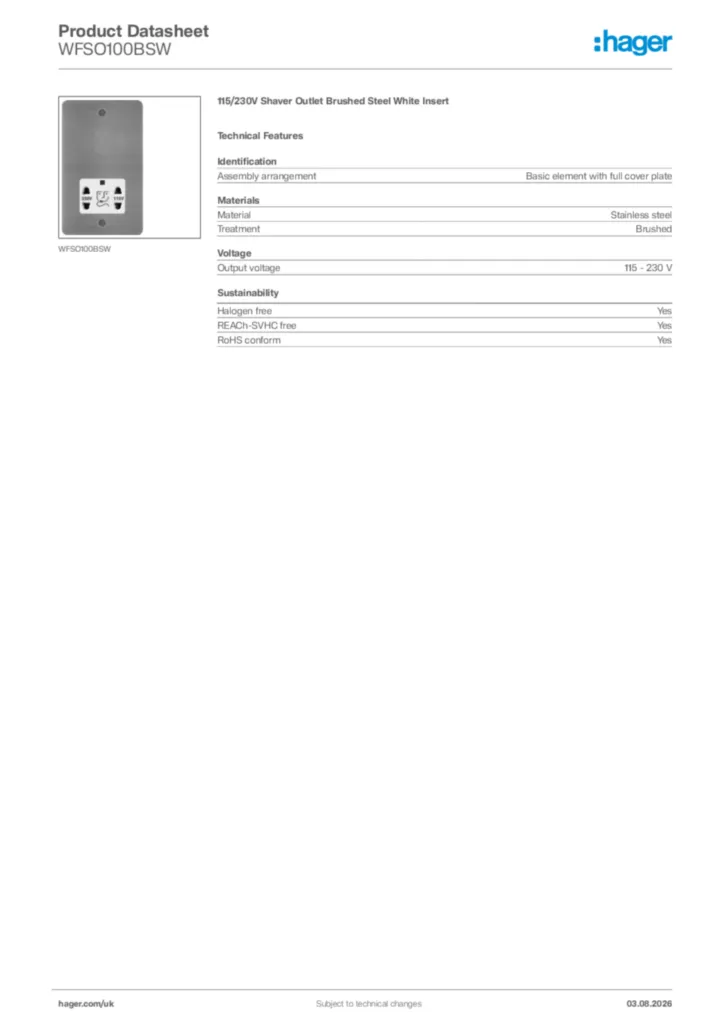 Image Hager Product data sheet WFSO100BSW  | Hager