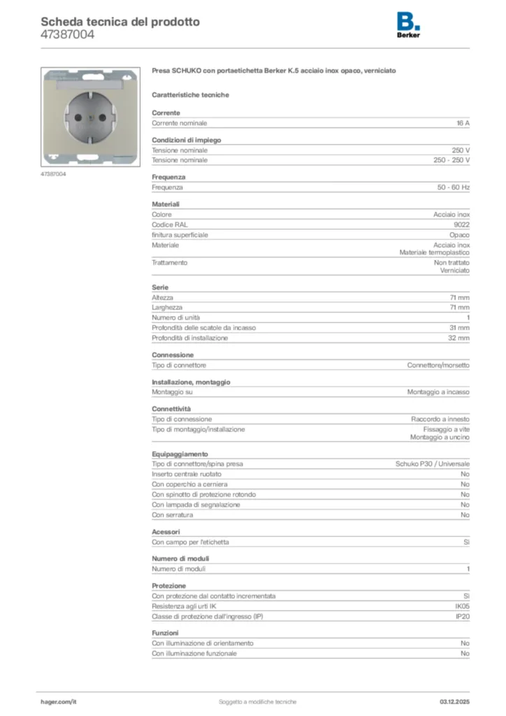 Immagine Berker Scheda tecnica del prodotto 47387004 | Hager Italia