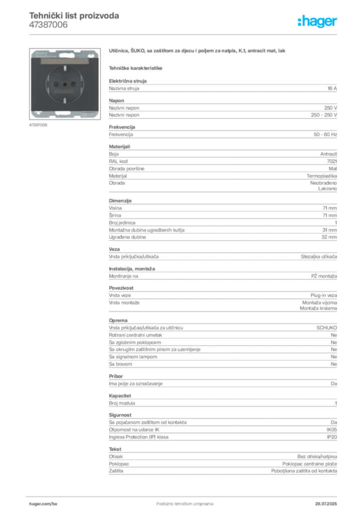Slika Hager Product data sheet 47387006  | Hager