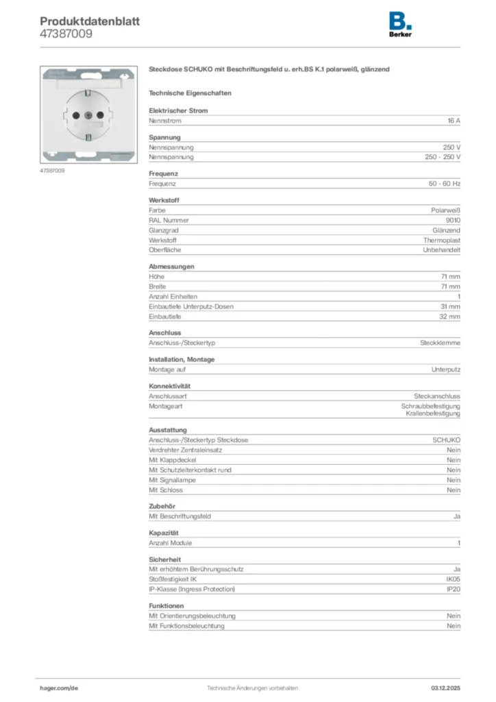Bild Berker Produktdatenblatt 47387009 | Hager Deutschland