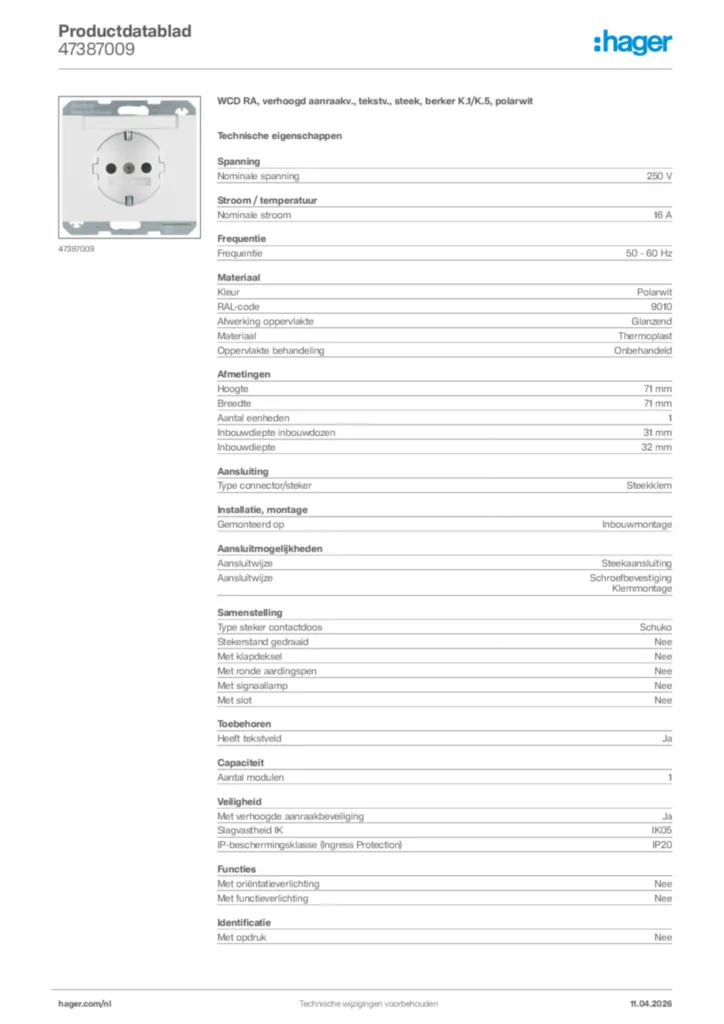 Afbeelding Hager Productdatablad 47387009 | Hager Nederland