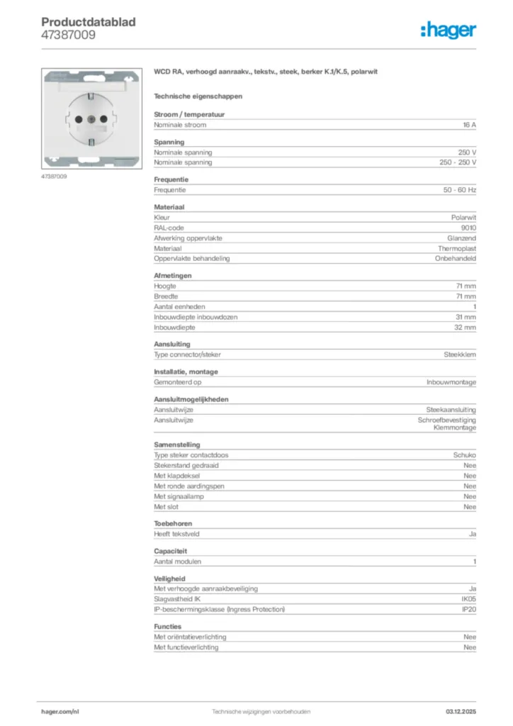 Afbeelding Hager Productdatablad 47387009 | Hager Nederland