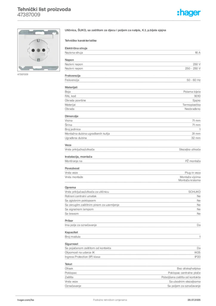 Slika Hager Product data sheet 47387009  | Hager