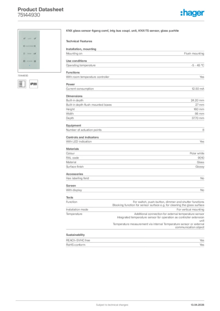 Image Hager Product data sheet 75144930  | Hager Africa