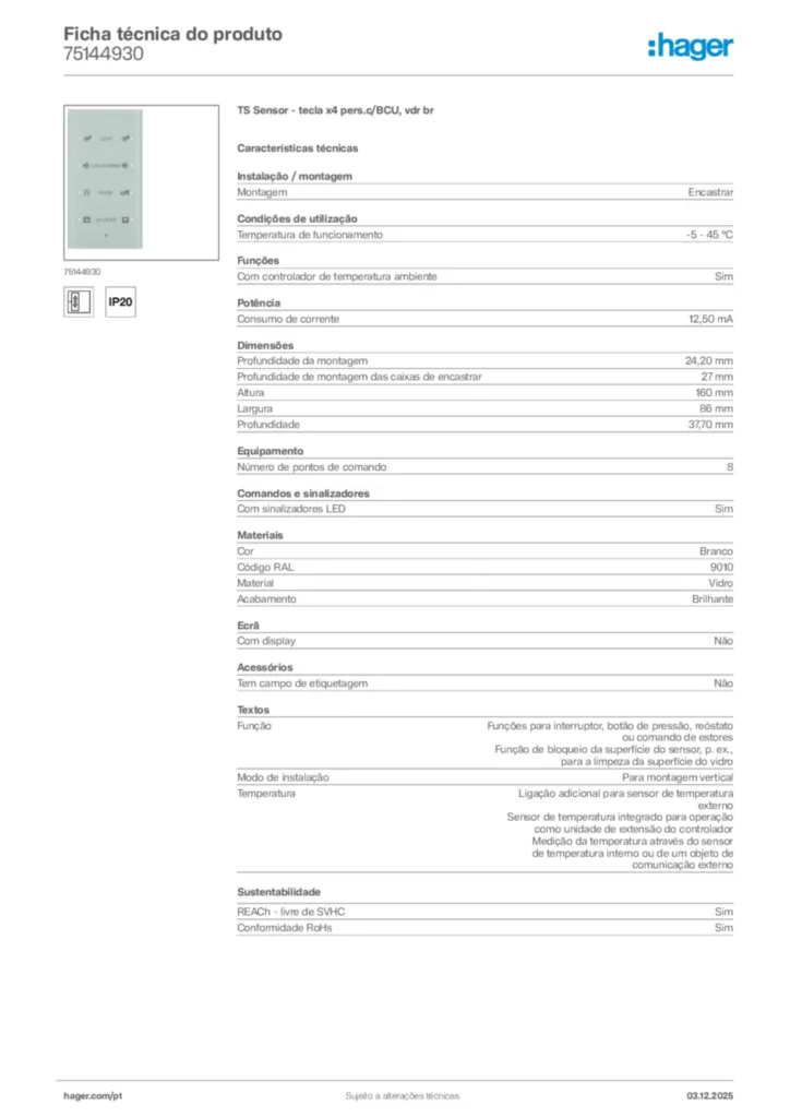 Imagem Hager Ficha técnica do produto 75144930 | Hager Portugal