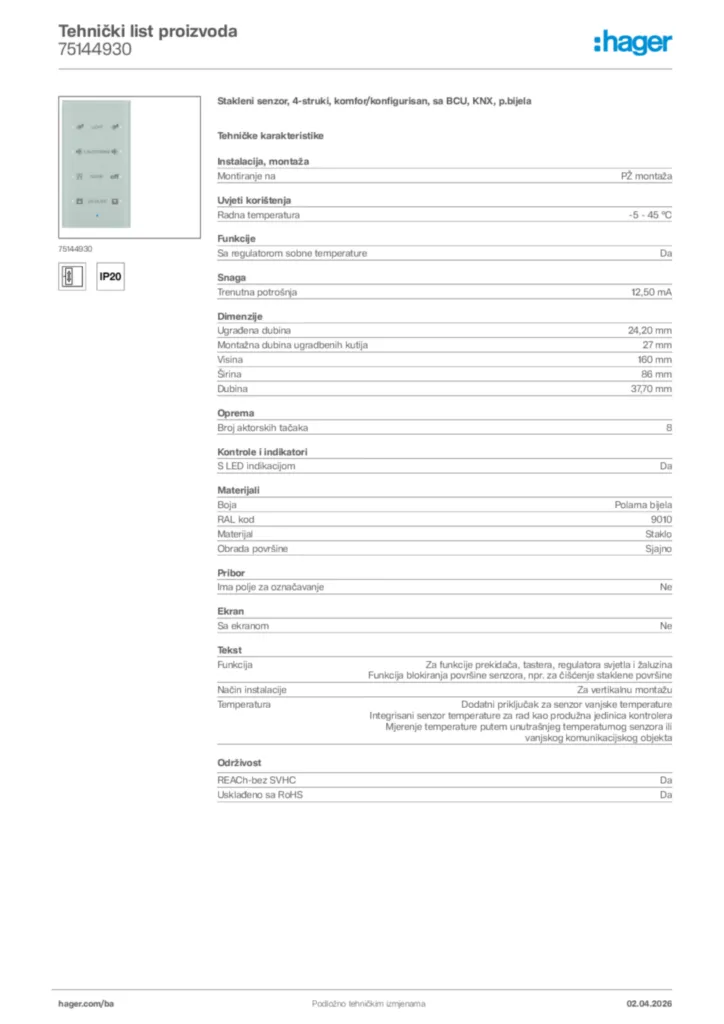 Slika Hager Tehnički list proizvoda 75144930  | Hager