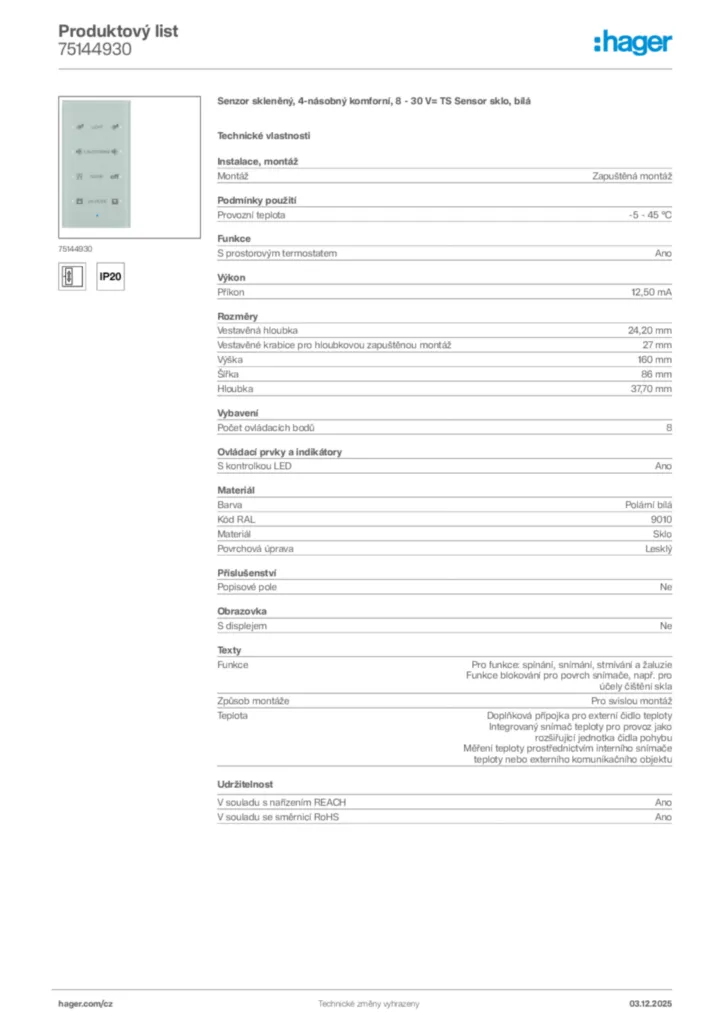 Obrázek Hager Product data sheet 75144930 | Hager